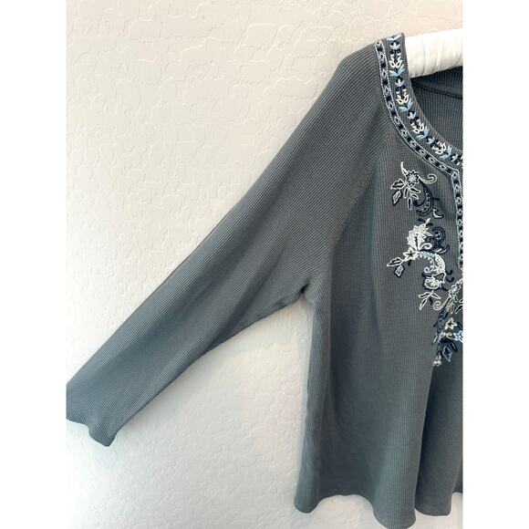 J.JILL Petite Gray Embroidered Thermal Tunic Top Long Sleeve Cotton Blend Large - Picture 3 of 8